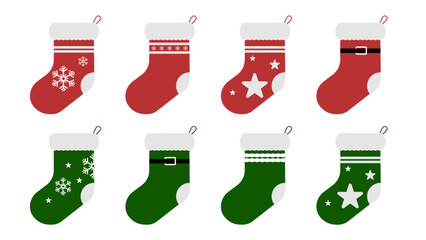 Christmas stocking decoration collection featuring eight colorful red and green festive sock designs with snowflake, star.