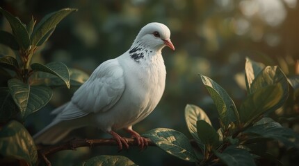 Obraz premium Peaceful white dove perched on a branch in soft dappled sunlight