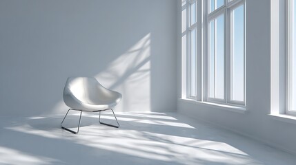 Modern minimalist room with single designer white chair, natural sunlight, and shadows