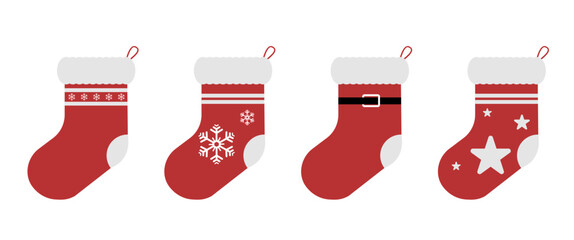 Isolated Christmas stocking set featuring four festive red sock designs with snowflake, belt, and star patterns in minimal flat style, ideal for holiday gift tags, packaging, greeting cards.