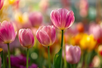 Fototapeta premium Colorful Tulips Bloom in a Vibrant Garden During Springtime Sunlight