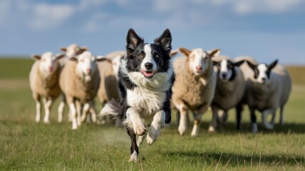 Energetic Border Collie Herding Sheep in a Rural Meadow Under a Bright Sky