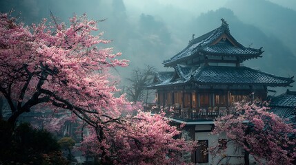 Traditional asian temple with vibrant pink cherry blossoms in misty mountain landscape