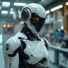 A sleek, futuristic robot stands within a brightly lit laboratory setting