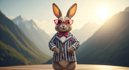 Stylish bunny wearing sunglasses and a suit in a mountain landscape