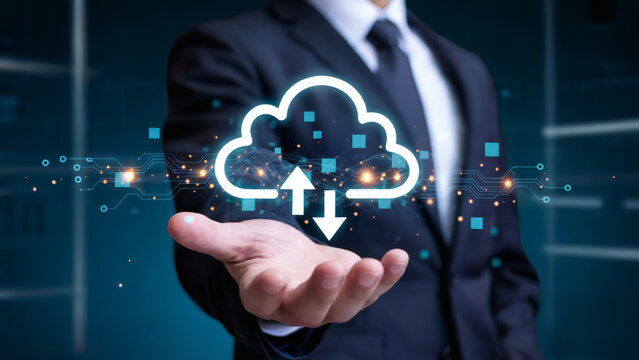 Professional businessman holds cloud icon for data storage solutions and modern technology advancements today