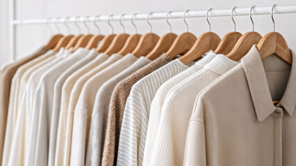 Obraz premium Minimalist clothing on hangers in calm colors. shirts on hangers