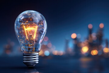 Illuminating Ideas - A Light Bulb Against a Cityscape Backdrop.