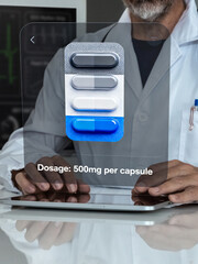 Medical professional analyzing pharmaceutical dosage on a futuristic virtual display.