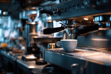 A cup of coffee on an espresso machine in a cafe.