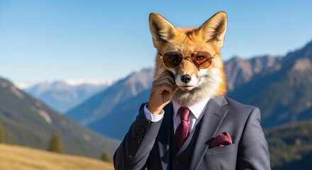 Anthropomorphic fox in suit standing in mountains
