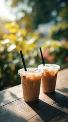 Iced Coffee Cups Sit on a Table in a Lush Garden During Golden Hour