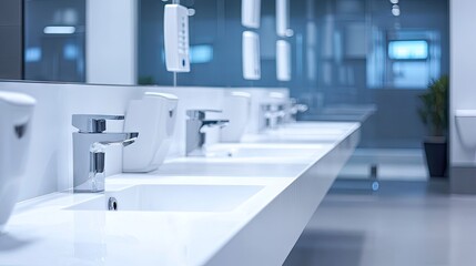 Modern public toilet sinks in a row with soap dispensers and hand dryers, bright and spotless environment