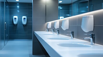 Modern public toilet sinks in a row with soap dispensers and hand dryers, bright and spotless environment