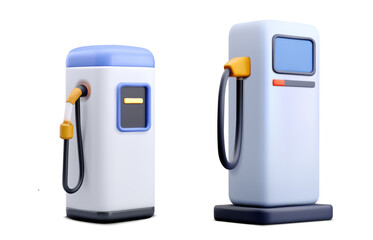 Vector illustration of two modern electric vehicle charging stations with cables and plugs in blue and white 3D style isolated on white background representing eco transport and renewable energy