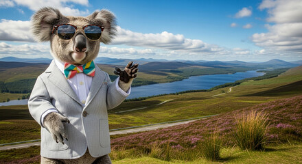 Dapper koala wearing sunglasses and suit poses in scenic landscape
