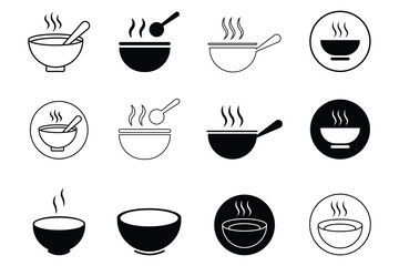Collation of soup bowl icon. Silhouette of noodle soup. Hot curry bowl vector icon set in black outline and fill. Soup icon representing comforting meal in bowl. Vector Illustration. 