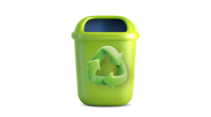 3D vector of a green recycling bin trashcan with recycle symbol isolated on white for eco waste management