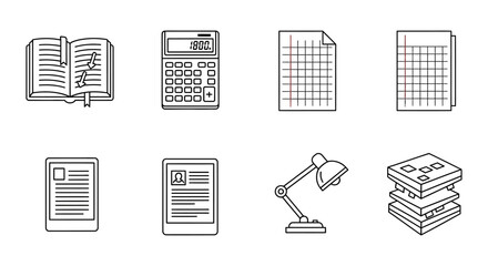 Education and learning material illustration open book calculator documents lamp and stack of papers depicting study and academic resources