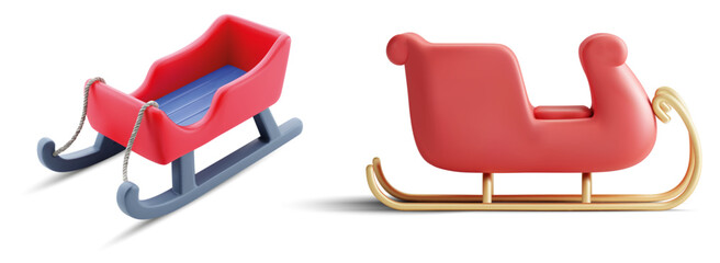 3D Christmas Sleigh and Sled Icon Isolated on White