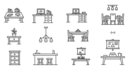 furniture icons showcasing tables desks and seating arrangements ideal for interior design mockups furniture stores and architectural plans