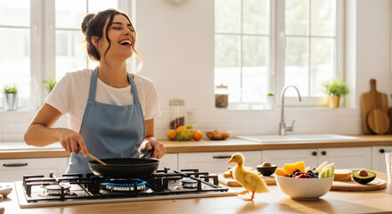 Smiling woman cooking breakfast in a modern kitchen