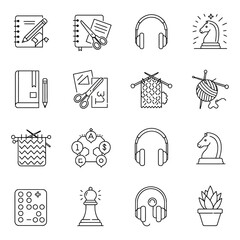 hobbies and crafts icon set creative pursuits from knitting and chess to drawing illustrating leisure activities promoting creativity and relaxation.
