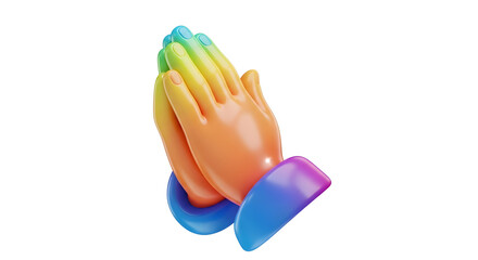 Praying hands with vibrant rainbow gradient symbolize hope, faith, and inclusivity in a modern, stylized 3D design.