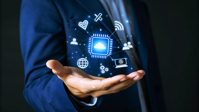 Businessman presenting a glowing cloud computing icon with connected social media and technology symbols on a dark background