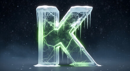 Frozen letter k with green lights inside ice is perfect for winterthemed designs, holiday cards, christmas graphics, and creative typography projects.