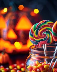 Halloween Lollipops and Candy Corn in Jar with Jack-O-Lantern Lights - Festive Holiday Stock Photo
