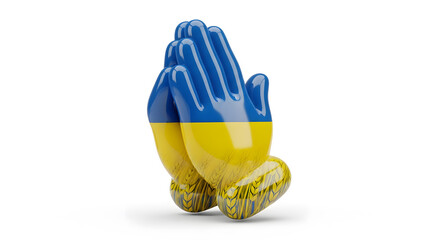 Praying hands symbol embracing Ukrainian flag colors and wheat fields for hope and peace
