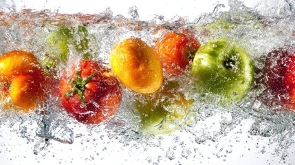 Fresh Fruits and Vegetables Splashing in Water - A Vibrant Display of Health.