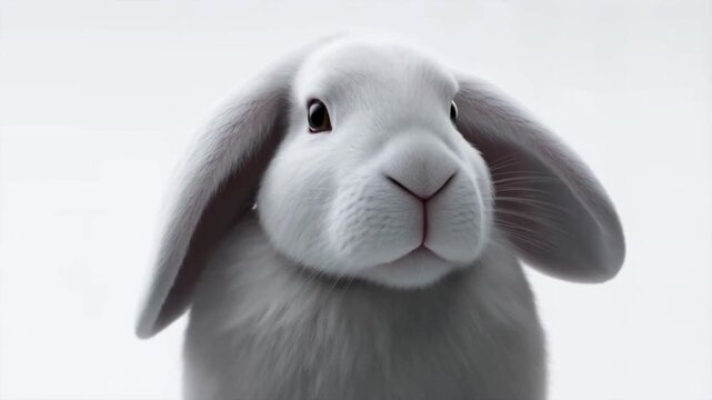 Full-face close-up of arctic hare isolated on white background, hyper-realistic 3D wildlife video