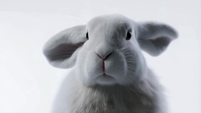Full-face close-up of arctic hare isolated on white background, hyper-realistic 3D wildlife video