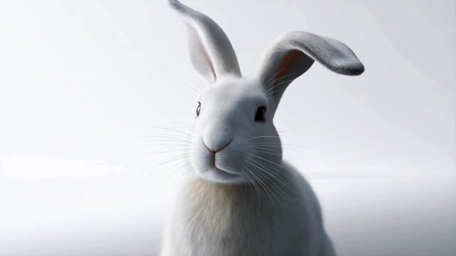 Full-face close-up of arctic hare isolated on white background, hyper-realistic 3D wildlife video