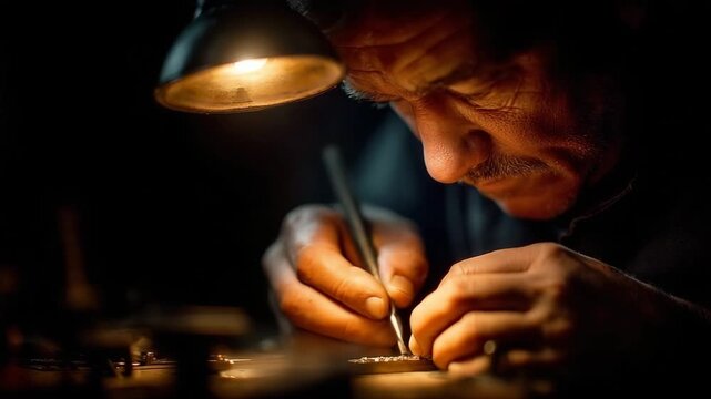Skilled craftsman meticulously engraving jewelry under warm light, showcasing dedication and artistry in a focused creative environment, a story of passion