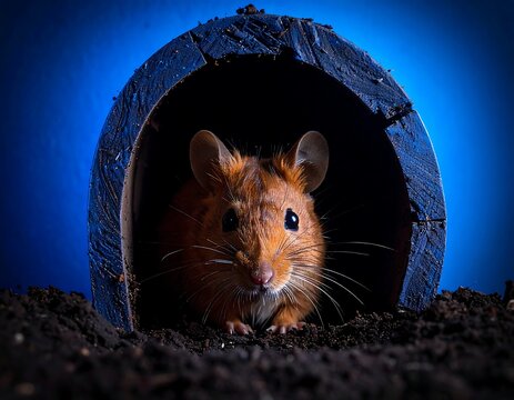 A small rodent peeks out from its wooden tunnel home, on dark soil