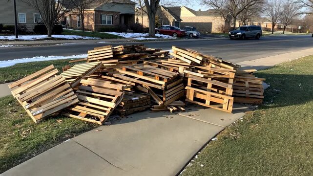 Large stack of wooden pallets sits on the grass beside the sidewalk as snow melts around them