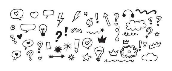 Naklejka premium Doodle Art with Speech Bubbles, Hearts, Stars, Arrows, and Question Marks