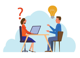 Businesswoman with question mark and budinessman reply with lightbulb, Question and answer, solving problem or business solution, FAQ concept