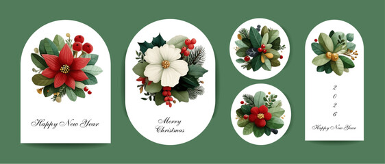 Set of Christmas flyer or party invitation templates decorated with coniferous tree branches and cones, holly leaves and berries, poinsettia. Vector illustration for celebratory event announcement.