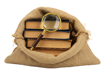 Exploring ancient wisdom a vintage magnifying glass rests on a collection of aged books tucked inside a rustic burlap sack symbolizing knowledge