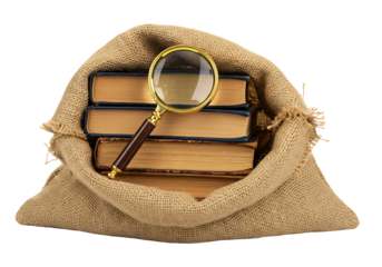 Exploring ancient wisdom a vintage magnifying glass rests on a collection of aged books tucked inside a rustic burlap sack symbolizing knowledge
