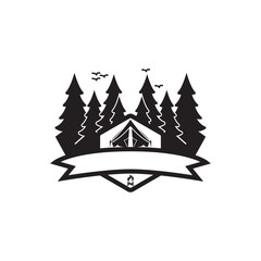 Obraz premium Camping logo with illustration of tent and pine trees