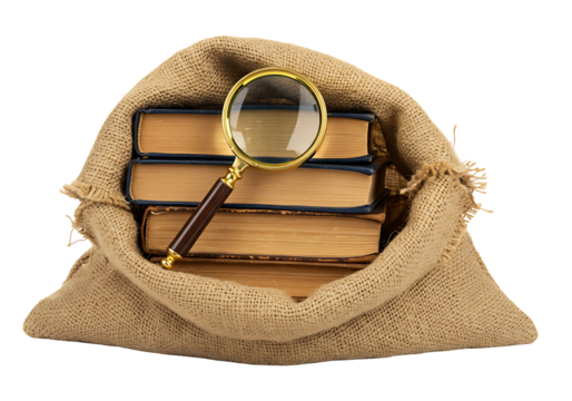 Exploring ancient wisdom a vintage magnifying glass rests on a collection of aged books tucked inside a rustic burlap sack symbolizing knowledge