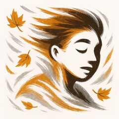 Autumn wind blowing leaves and serene face brushstroke style