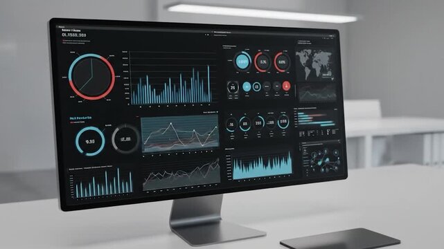 A monitor displays a data dashboard with charts, graphs, and numerical data on a white desk with a keyboard