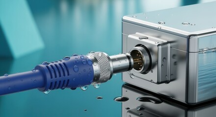 Waterproof industrial connector with a blue cable covered in water droplets. Heavy-duty electrical connection for marine equipment. Durable and reliable technology