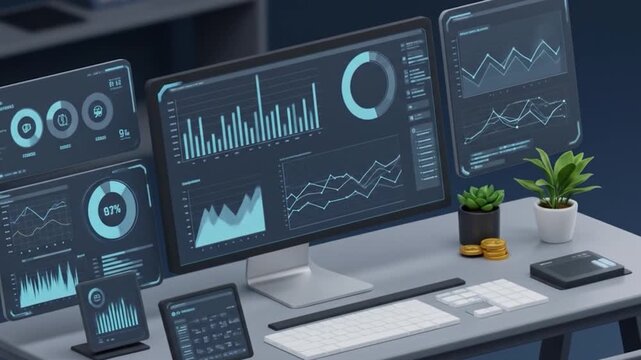 An office setup showcasing multiple screens displaying charts and data, with plants, keyboard, and other desk items
